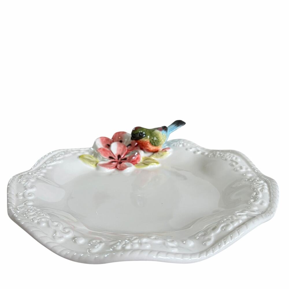 Corner Ruby Botanical Collection 3D Floral Bird Ceramic Catchall Dish 9in New